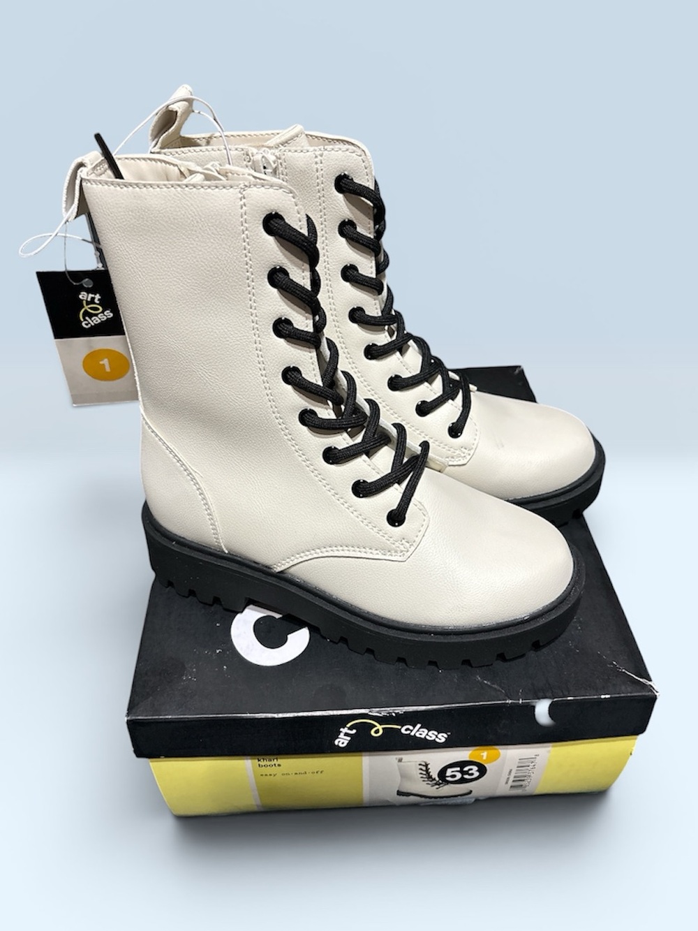 Art Class Lace-Up Combat Boots in Cream with Black Laces - Size 1